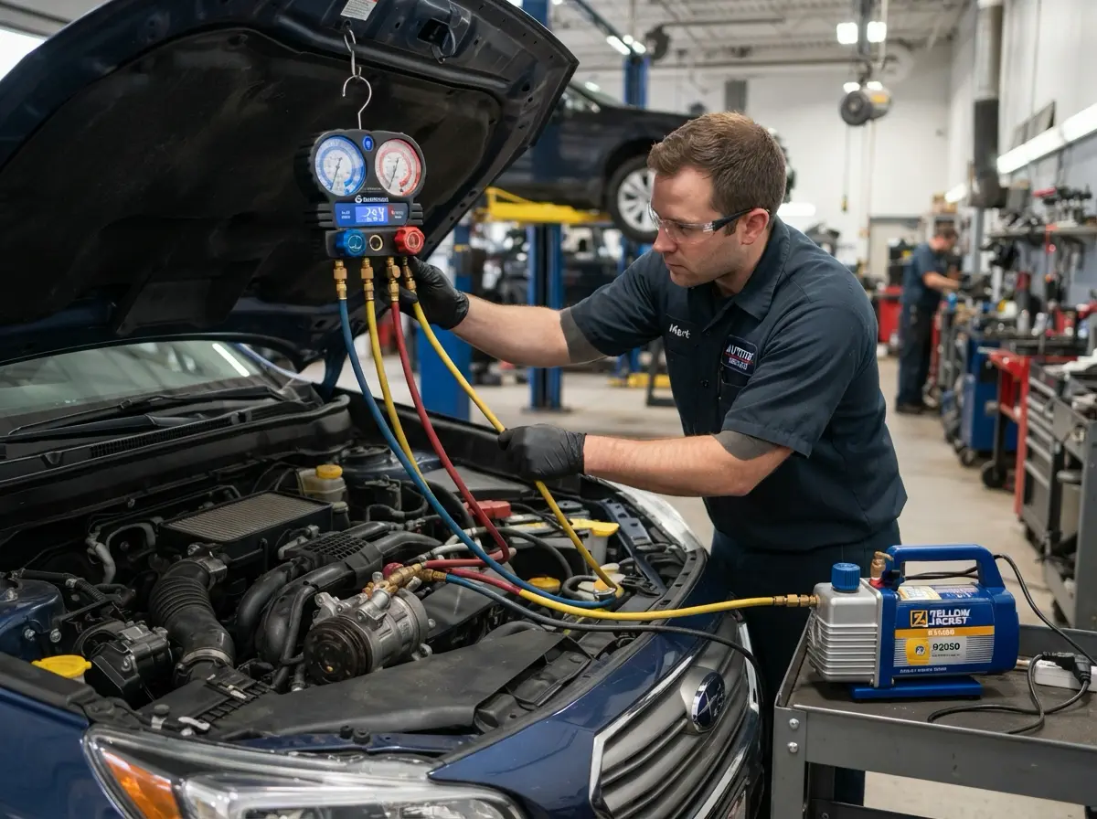 Automotive air conditioning repair and refrigerant recharge vacuum application