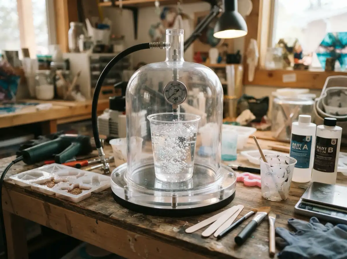 Resin and silicone vacuum degassing for crafts and small manufacturing